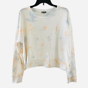 Splendid Tye Dye Speckled Long Sleeved Pullover Cropped Top Sweater (Off-White)